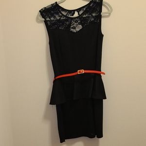 Black Peplum Dress with Red Belt and Lace Top